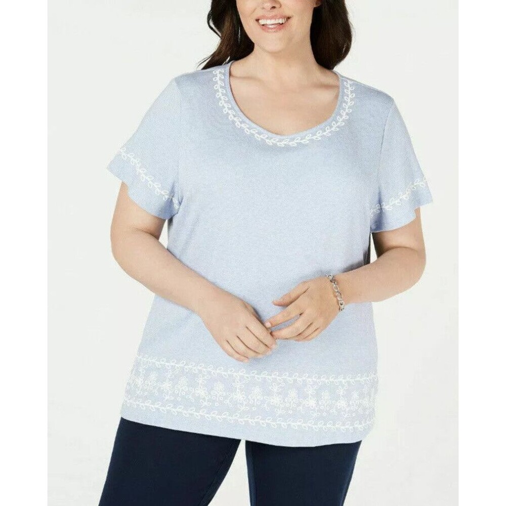 Karen Scott Top Shirt Plus Size 1X Women Basic Striped Short Sleeve Floral Hem